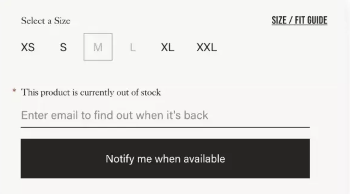 Πεδίο καταχώρησης email "Enter your email to find out when it's back"