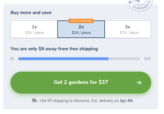 Eκπτώσεις ποσότητας «1x$29/piece», «2x$24/piece» και «3x$19/piece»