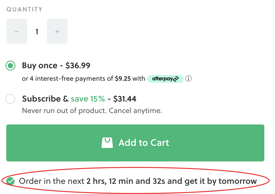 Ένδειξη "Order in the next 2hrs, 12 min and 32 s and get it tomorrow" κάτω από κουμπί "Add to Cart"